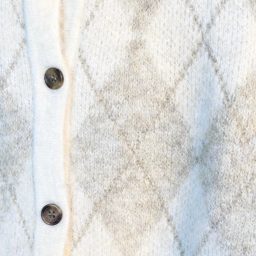 NWT‎ J.Crew Factory Argyle Cardigan Sweater Cream Tan Gold Thread Classic XS